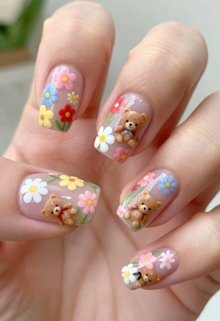 13 Trendy Teddy Bear Nails That Will Steal the Show This Season! - 9. Floral Teddy Bear Nails 1