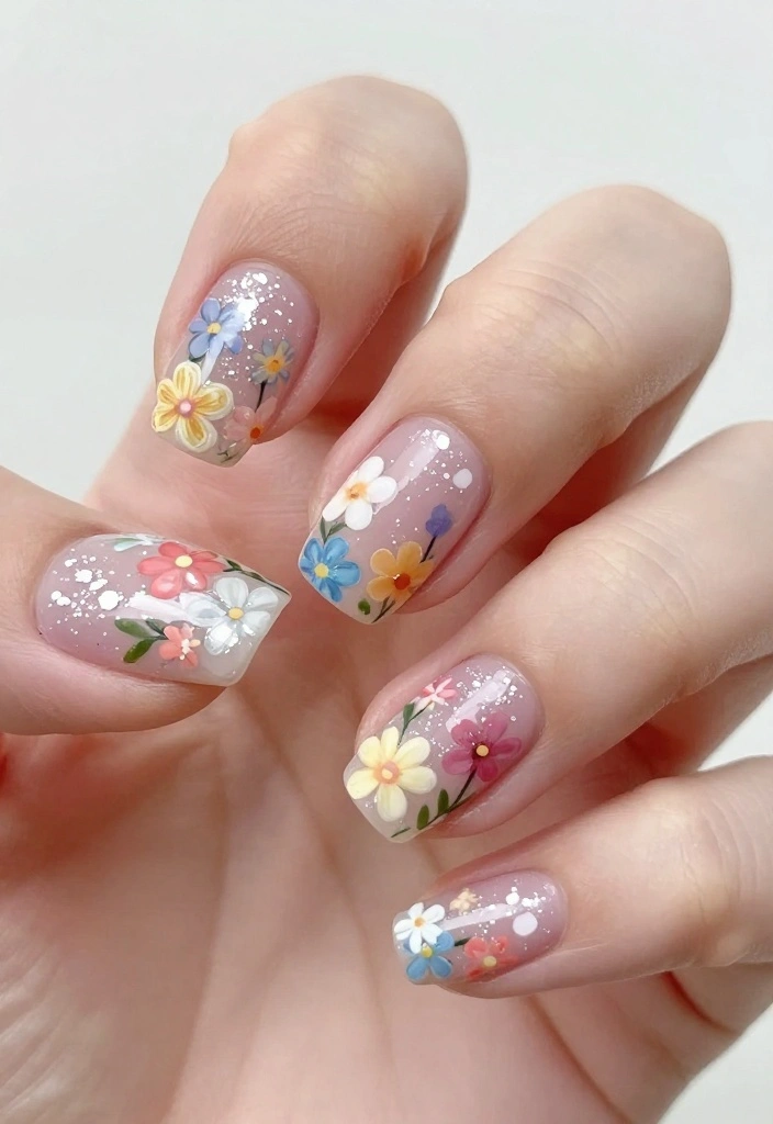 14 Beautiful White Glitter Nails That Are a Must-Try! - 13. Seasonal Floral with Glitter 1