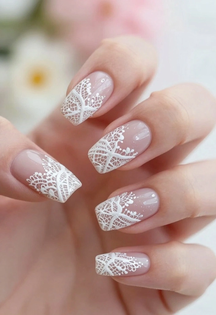 14 Beautiful White Glitter Nails That Are a Must-Try! - 4. Intricate Lace Design 1