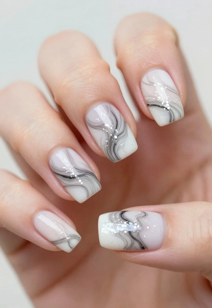 14 Beautiful White Glitter Nails That Are a Must-Try! - 5. Marble Effect with Glitter 1