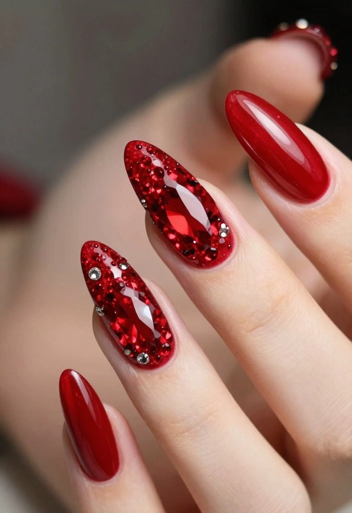 14 Cute Nail Ideas That Will Elevate Your Red Nails to a New Level! - 14. Statement Gems 1
