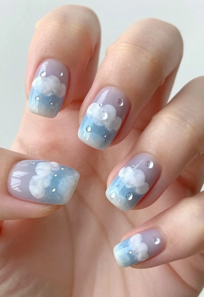 14 Elegant Crystal Nails Ideas That Will Make You Feel Like Royalty! - 10. Ethereal Cloud Nails with Crystal Raindrops 1