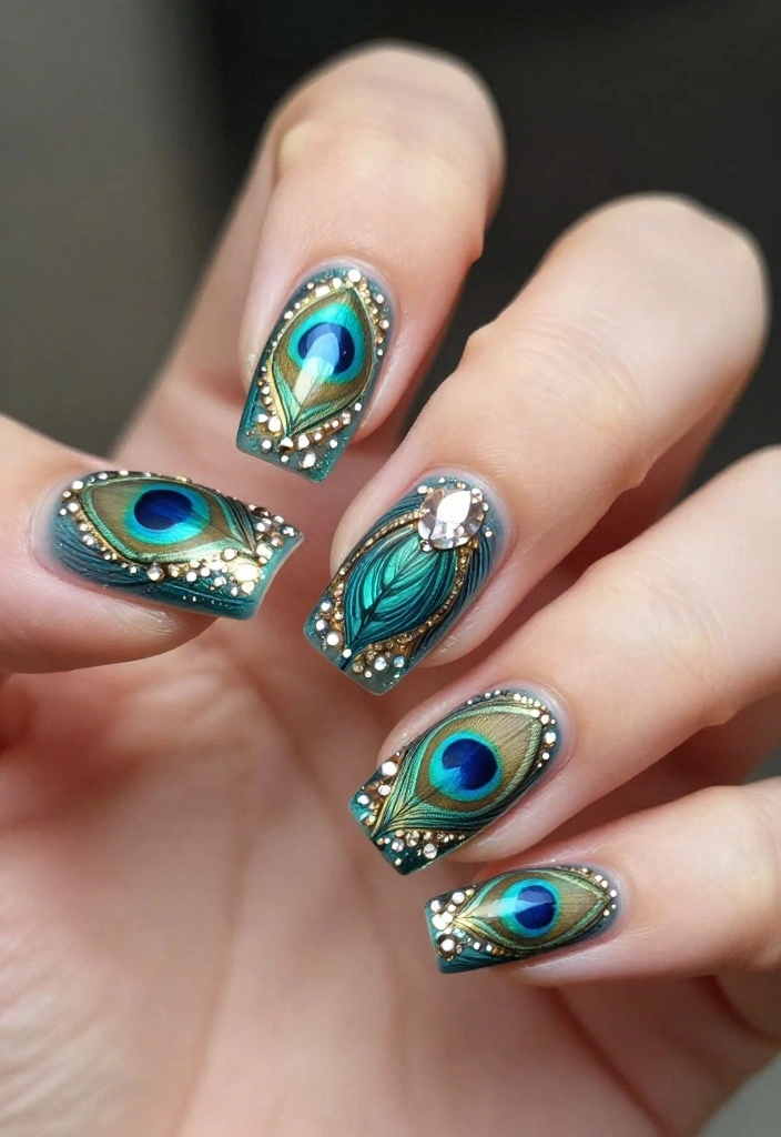14 Elegant Crystal Nails Ideas That Will Make You Feel Like Royalty! - 13. Peacock Feather Design with Crystal Details 1