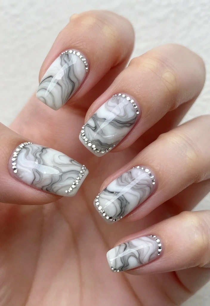 14 Elegant Crystal Nails Ideas That Will Make You Feel Like Royalty! - 5. Marble Effect with Sparkling Edges 1