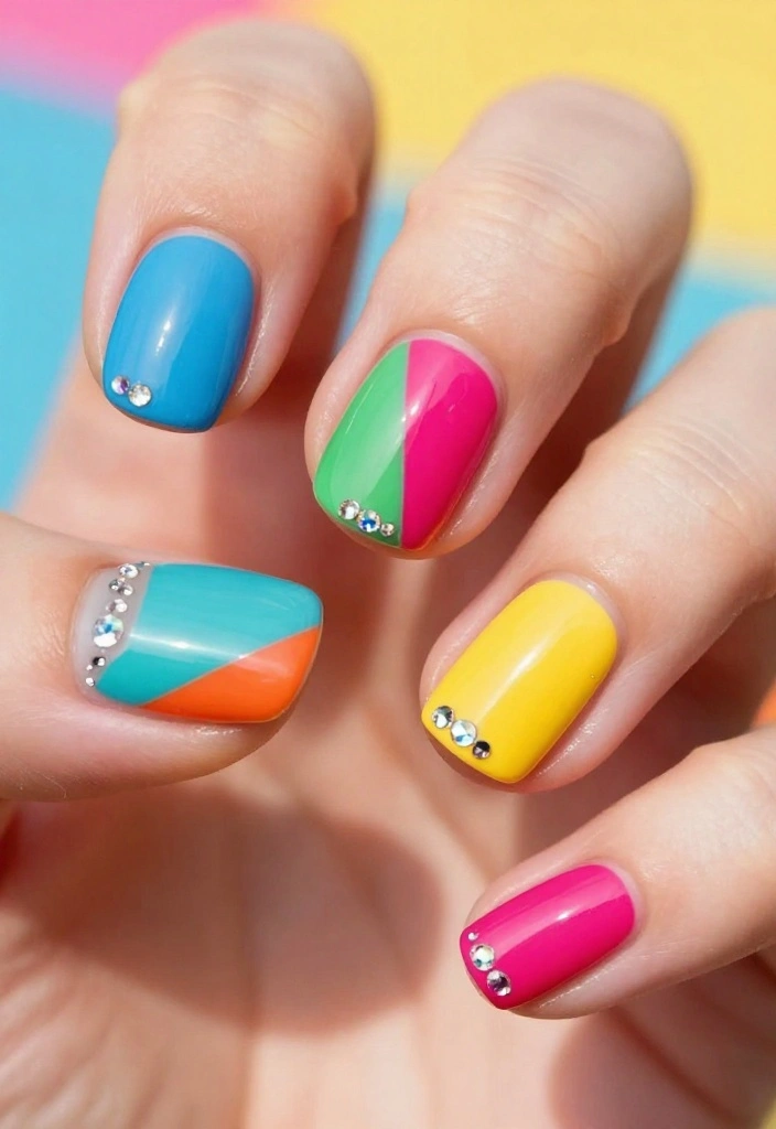14 Elegant Crystal Nails Ideas That Will Make You Feel Like Royalty! - 9. Bold Color Blocks with Crystal Highlights 1