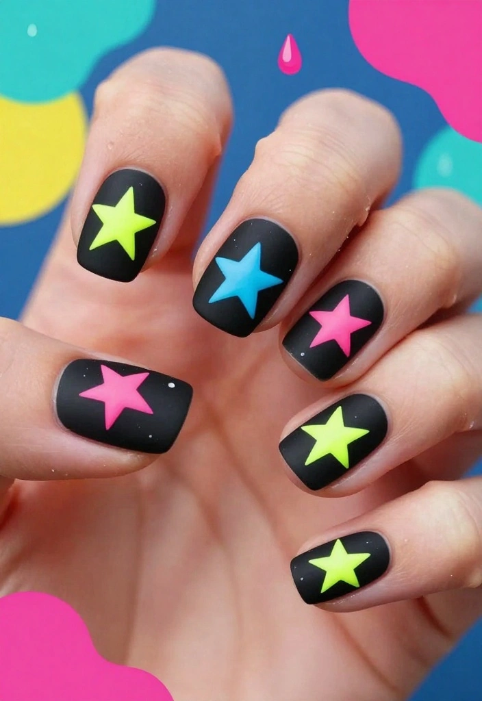 14 Glittery Star Nail Art Styles That Will Make You Shine Bright (Try Them ASAP!) - 3. Neon Stars on Matte 1