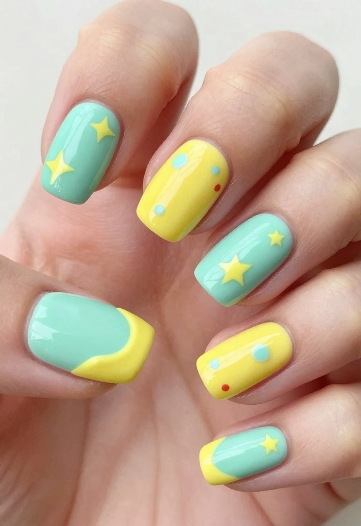 14 Gorgeous Mint Nails Looks to Rock This Spring (Get Ready for Compliments!) - 10. Mint and Yellow Pop Art 1