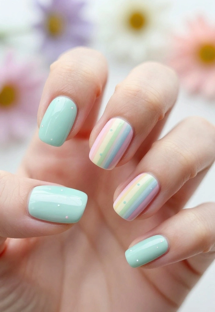 14 Gorgeous Mint Nails Looks to Rock This Spring (Get Ready for Compliments!) - 11. Mint and Pastel Rainbow Nails 1