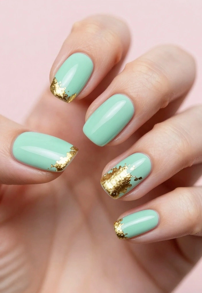 14 Gorgeous Mint Nails Looks to Rock This Spring (Get Ready for Compliments!) - 2. Mint with Gold Foil Accents 1