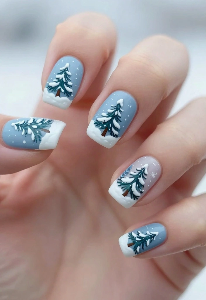 15 Adorable Christmas Tree Nails You Need to Try Before the Holiday Party! - 12. Snowy Tree Scenery 1