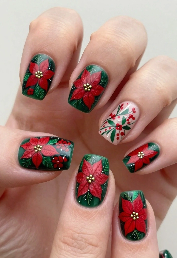 15 Adorable Christmas Tree Nails You Need to Try Before the Holiday Party! - 15. Festive Poinsettias 1