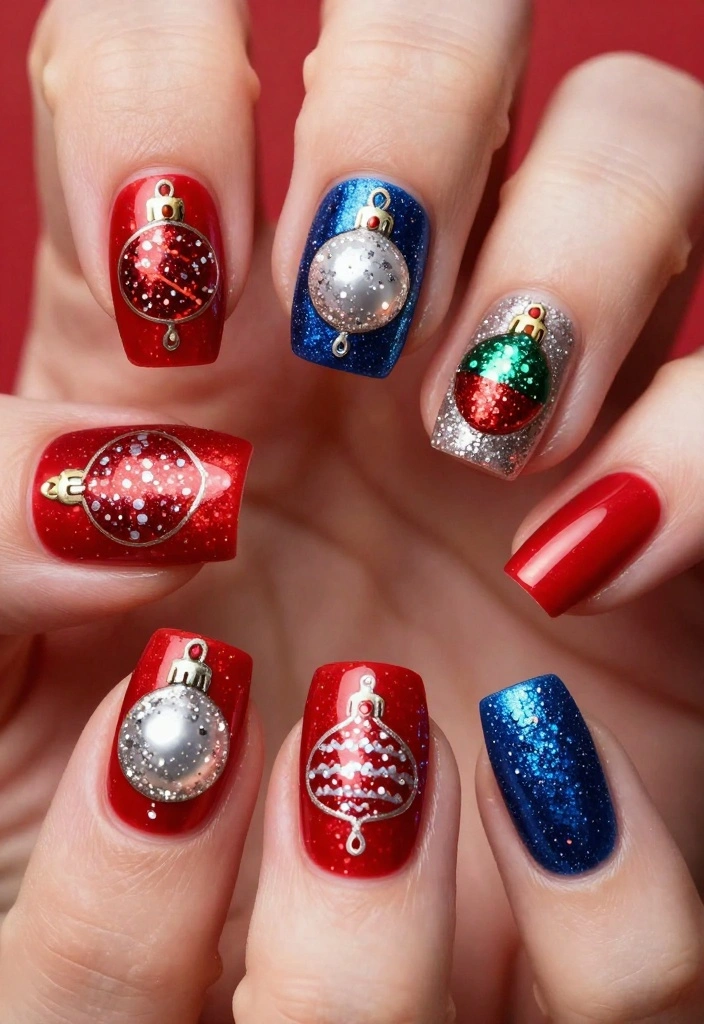15 Adorable Christmas Tree Nails You Need to Try Before the Holiday Party! - 4. Glittery Ornament Nails 1
