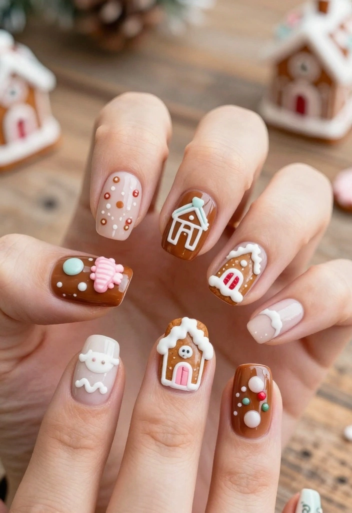 15 Adorable Christmas Tree Nails You Need to Try Before the Holiday Party! - 9. Gingerbread House Details 1