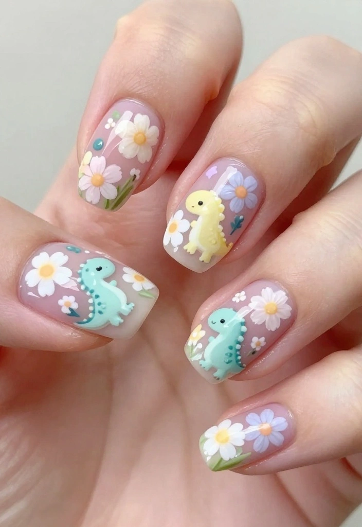 15 Adorable Dinosaur Nails Ideas You’ll Want to Show Off (Wait Until You See #7!) - 10. Floral Dino Fusion 1