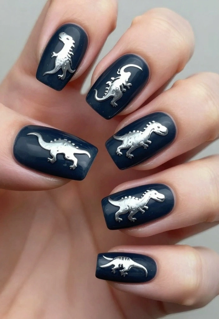 15 Adorable Dinosaur Nails Ideas You’ll Want to Show Off (Wait Until You See #7!) - 11. Metallic Dino Shine 1