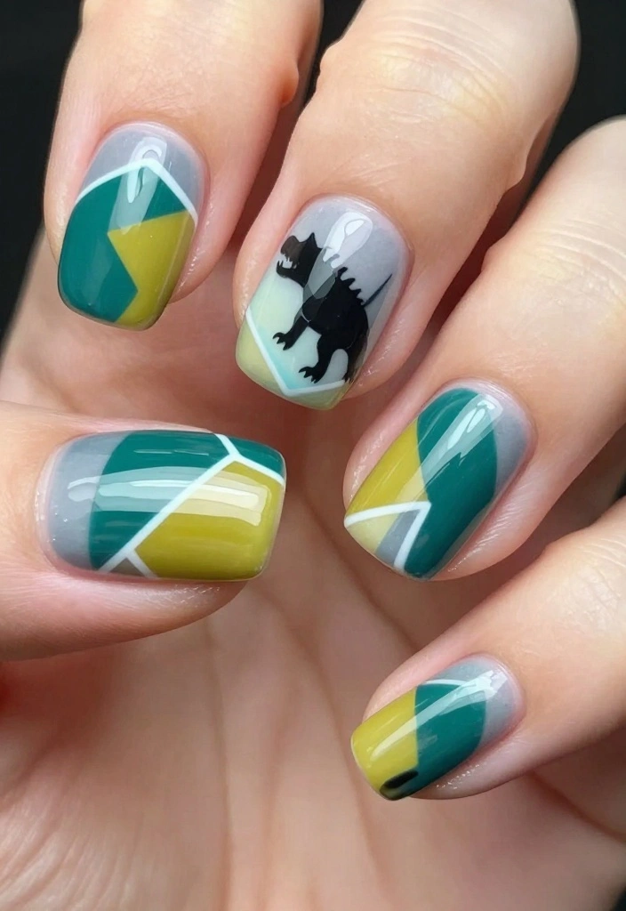 15 Adorable Dinosaur Nails Ideas You’ll Want to Show Off (Wait Until You See #7!) - 13. Geometric Dino 1