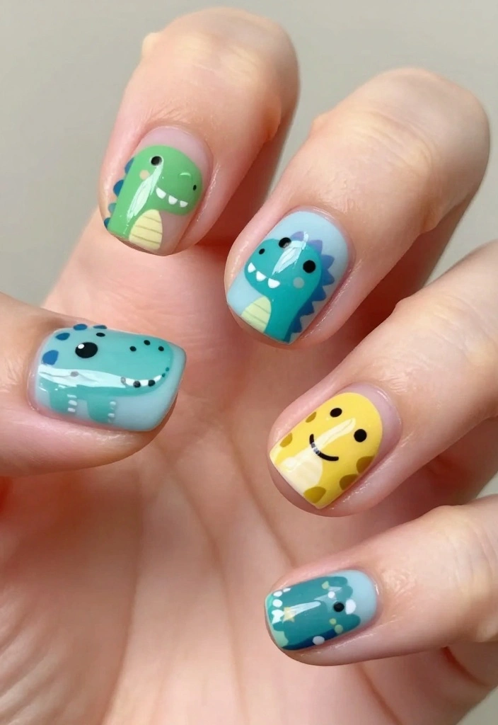 15 Adorable Dinosaur Nails Ideas You’ll Want to Show Off (Wait Until You See #7!) - 6. Cute Dino Faces 1