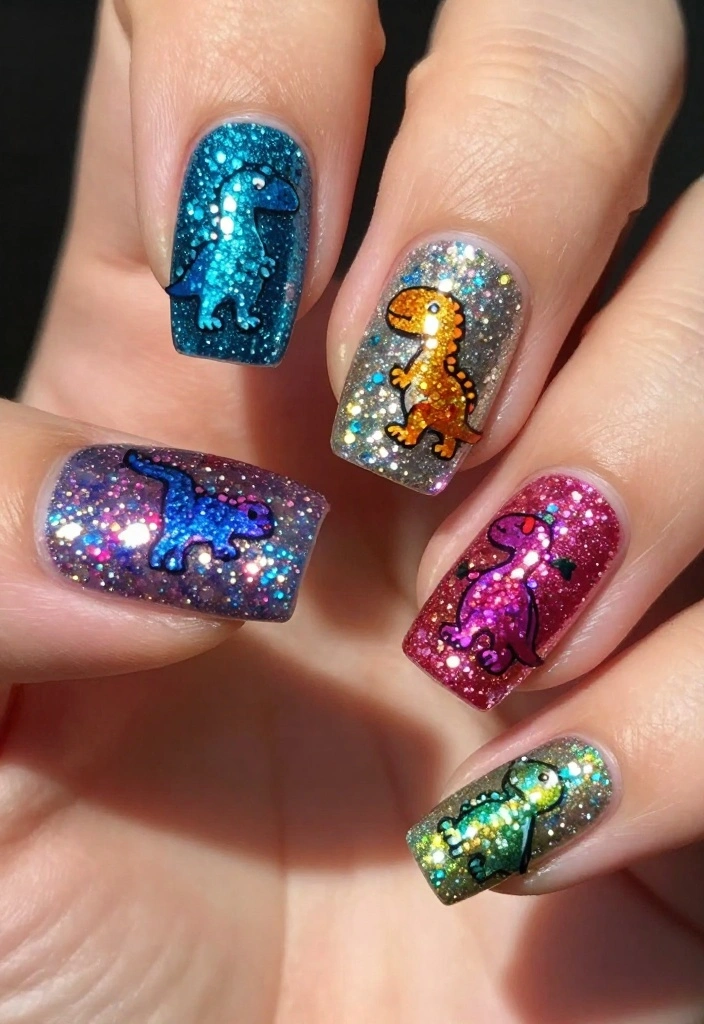 15 Adorable Dinosaur Nails Ideas You’ll Want to Show Off (Wait Until You See #7!) - 7. Sparkly Dino Delight 1