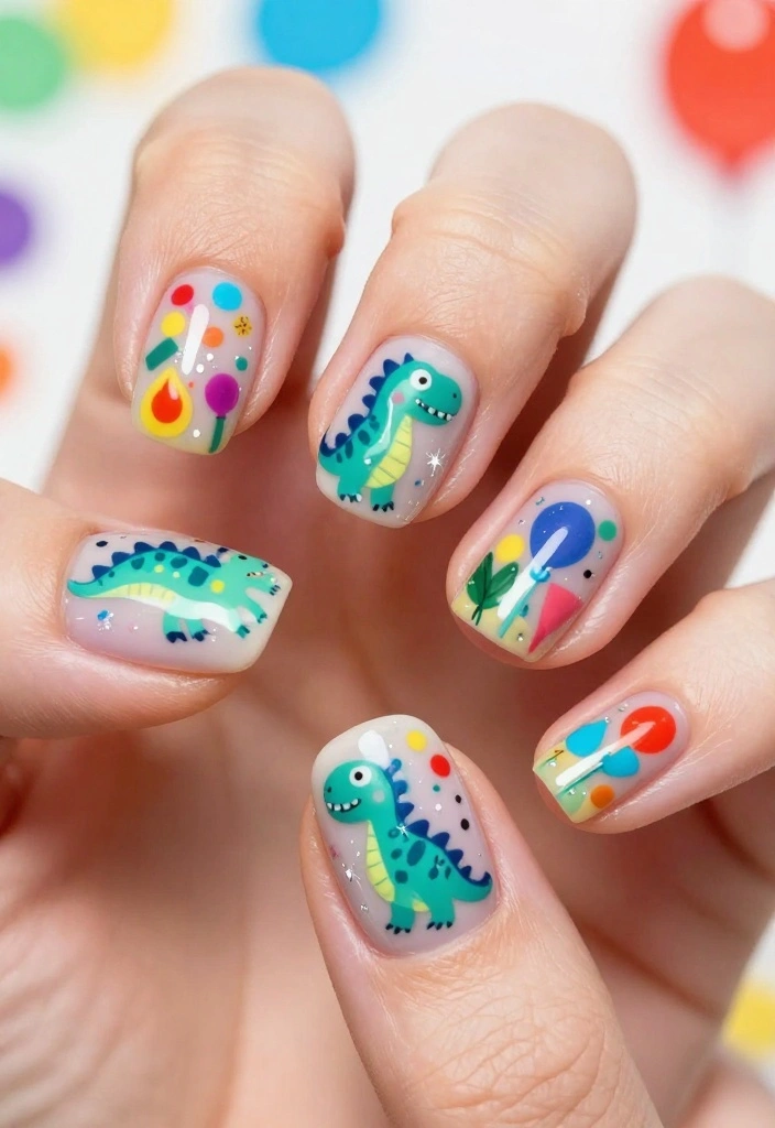 15 Adorable Dinosaur Nails Ideas You’ll Want to Show Off (Wait Until You See #7!) - 9. Dino Party Burst 1
