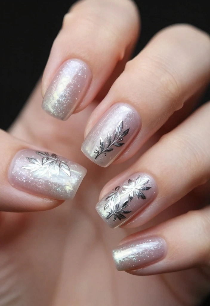 15 Adorable Winter Nails for Short Nails You'll Want to Show Off! - 12. Frosty Silver Leaves 1