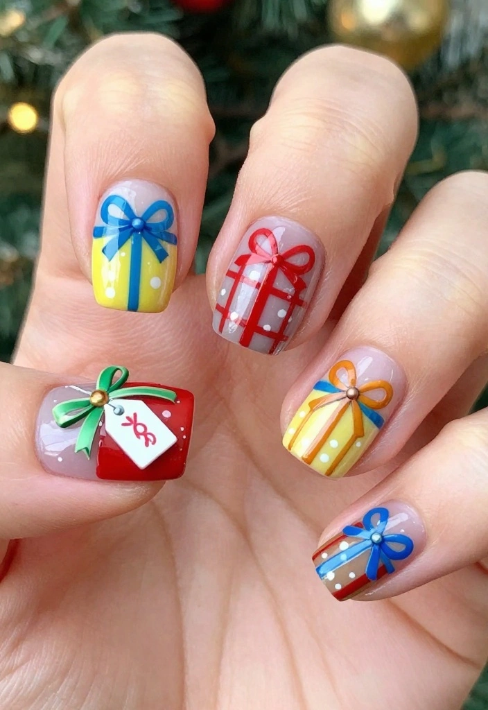 15 Christmas Light Nail Designs To Try This Holiday Season! - 14. Gift-Wrapped Nails 1