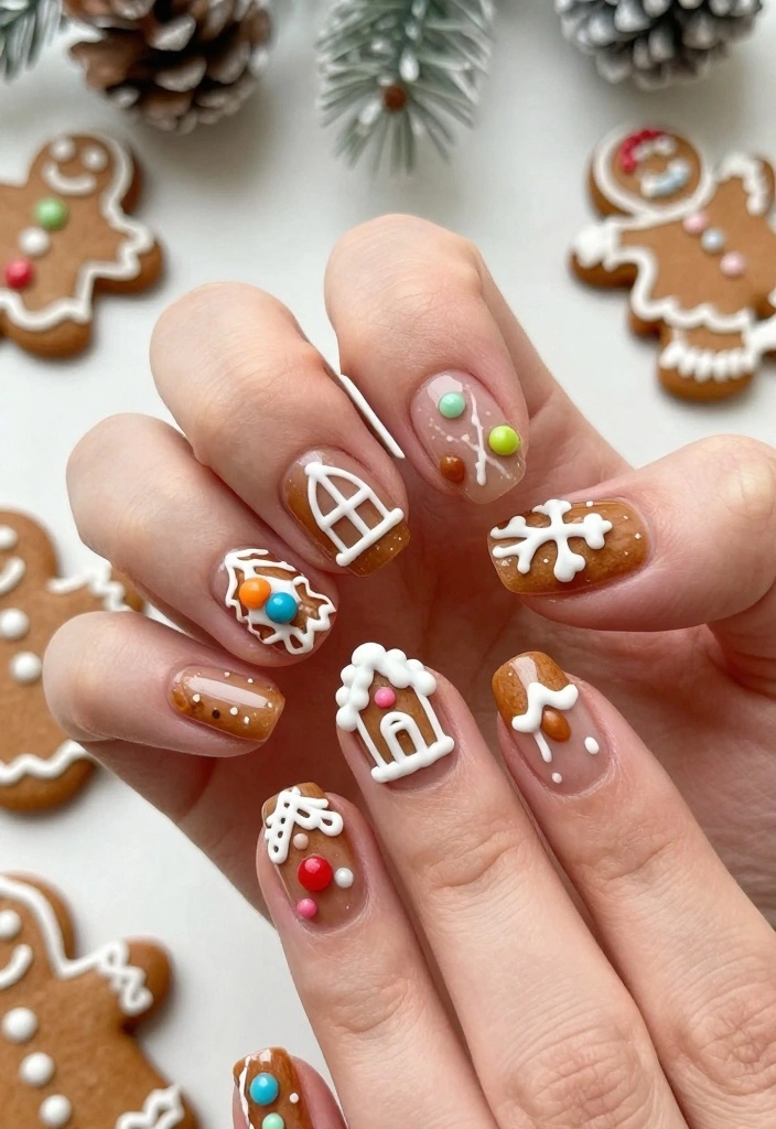 15 Christmas Light Nail Designs To Try This Holiday Season! - 4. Gingerbread House Nails 1