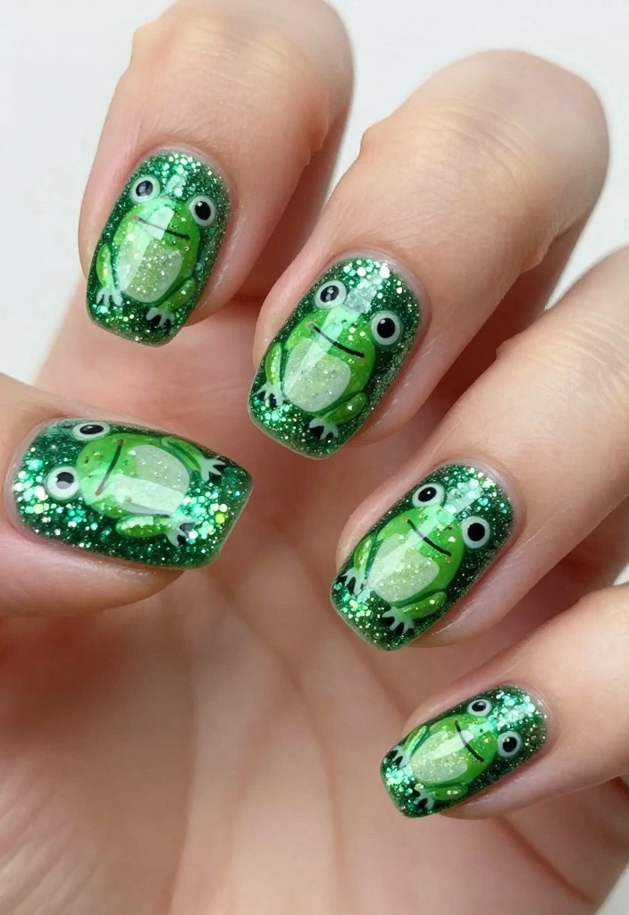 15 Easy Frog Nails Designs That Will Get You Noticed! - 12. Glittery Frog Dreams 1