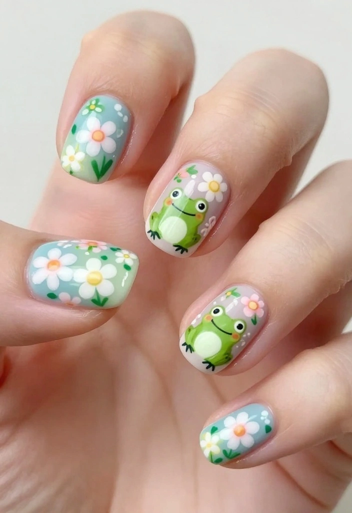 15 Easy Frog Nails Designs That Will Get You Noticed! - 13. Frogs and Flowers 1
