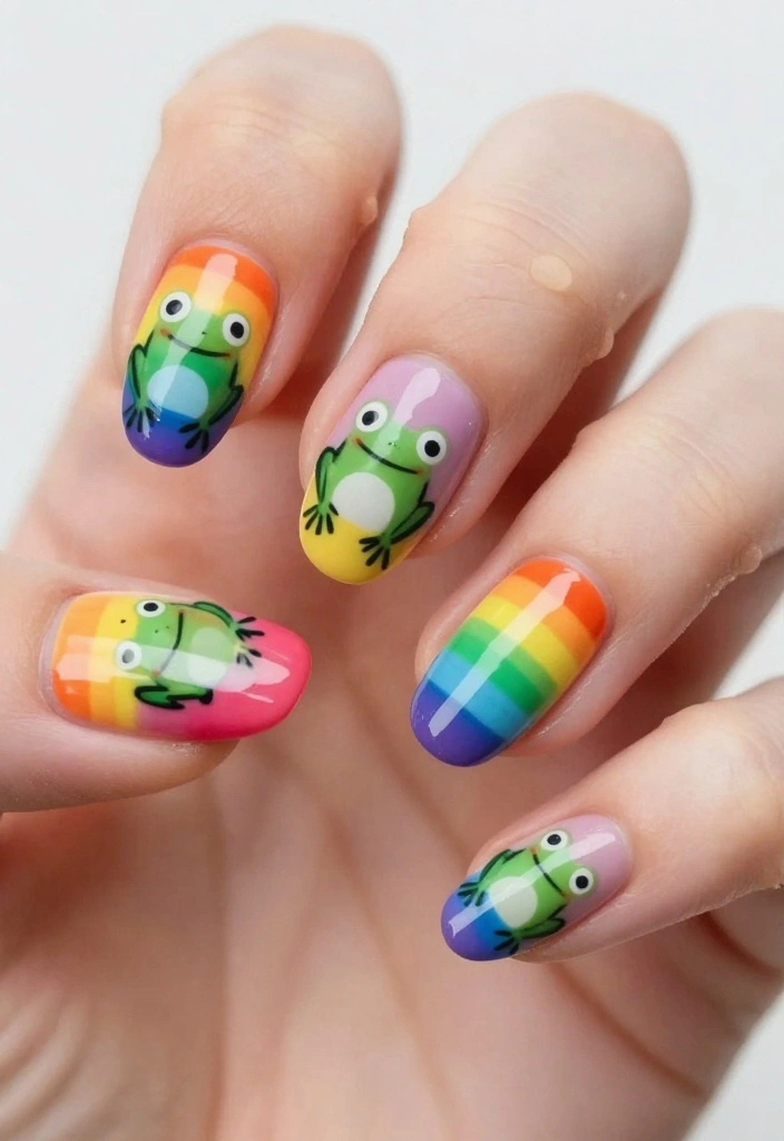15 Easy Frog Nails Designs That Will Get You Noticed! - 15. Rainbow Frogs 1