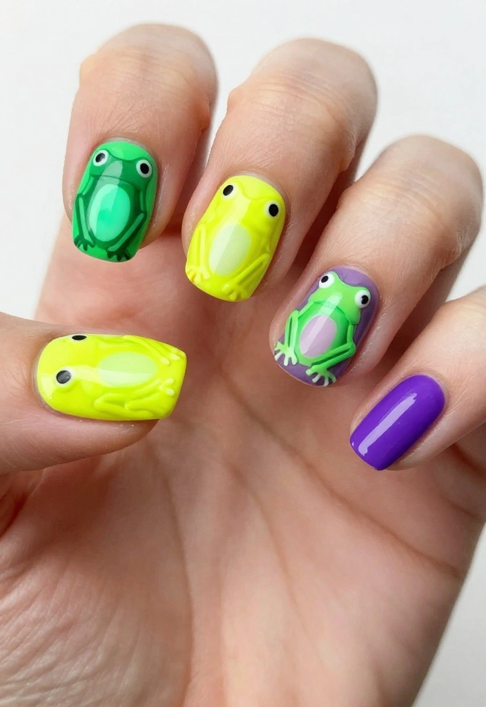 15 Easy Frog Nails Designs That Will Get You Noticed! - 9. Neon Frogs 1