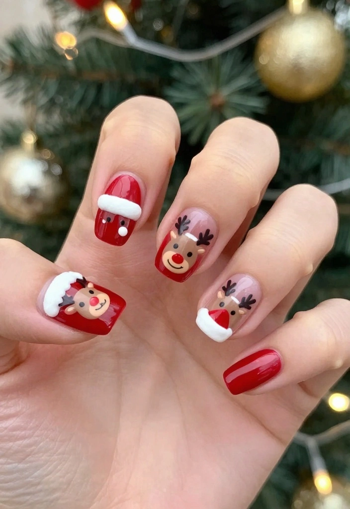 15 Easy Santa Hat Nails to Brighten Up Your Holiday Look (No Talent Required!) - 10. Santa Hat with Reindeer Accents 1