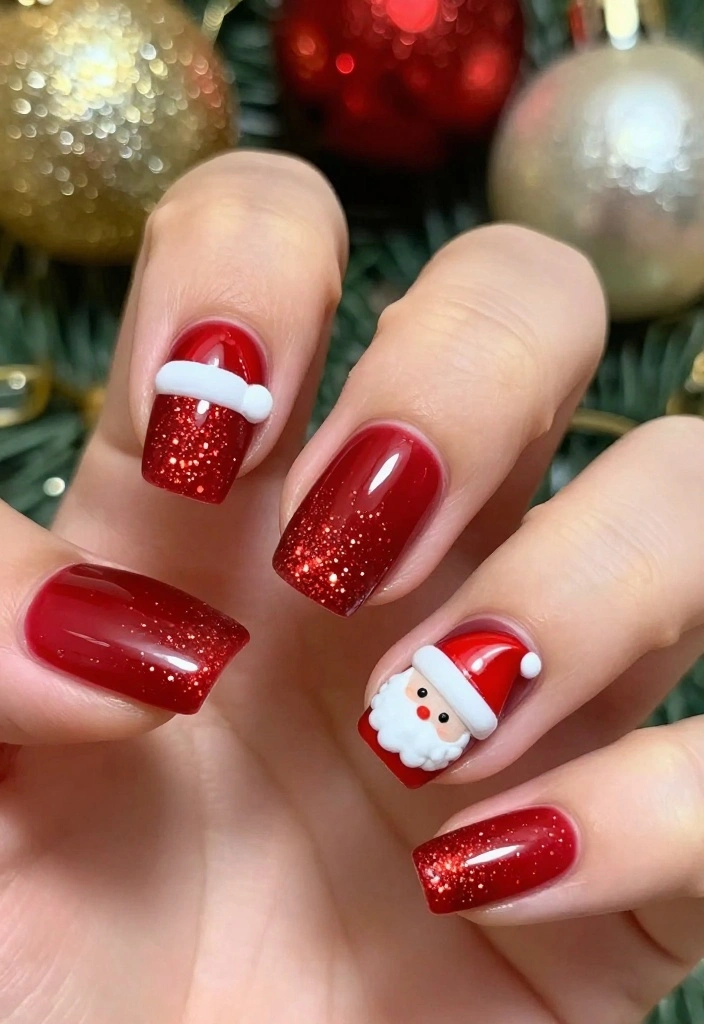 15 Easy Santa Hat Nails to Brighten Up Your Holiday Look (No Talent Required!) - 8. Santa Hats with Glitter Gradient 1