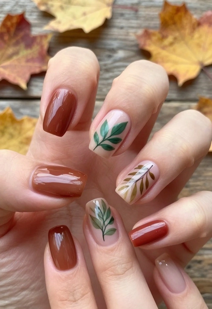 15 Stunning Fall Acrylic Nails Designs You’ll Want to Show Off All Season! - 2. Earthy Tones and Leaf Motifs 1
