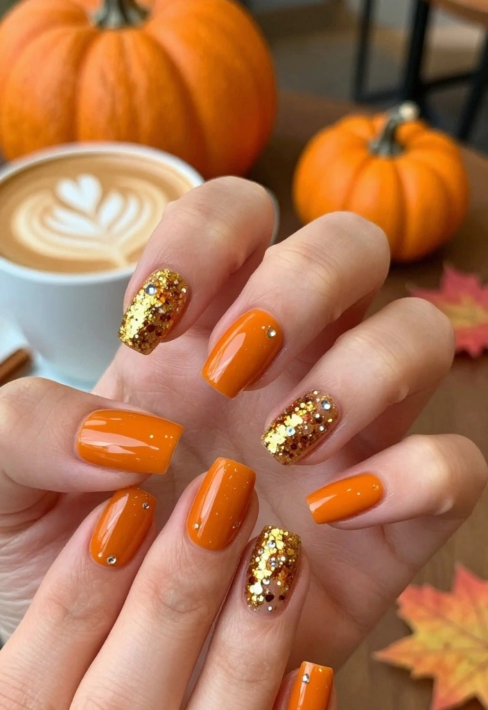 15 Stunning Fall Acrylic Nails Designs You’ll Want to Show Off All Season! - 3. Sparkling Pumpkin Spice 1