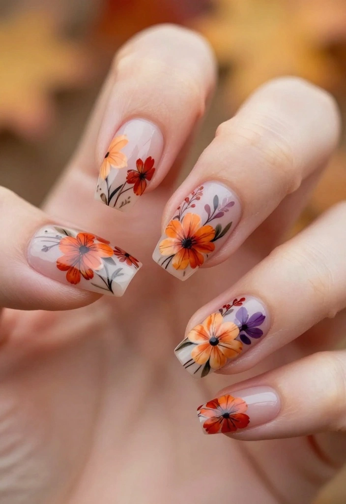 15 Stunning Fall Acrylic Nails Designs You’ll Want to Show Off All Season! - 7. Artistic Floral Accents 1