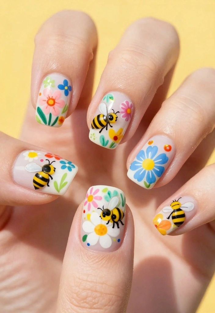 15 Stunning Floral Nail Designs to Elevate Your Summer Style - 15. Summer Blooms & Bees 1