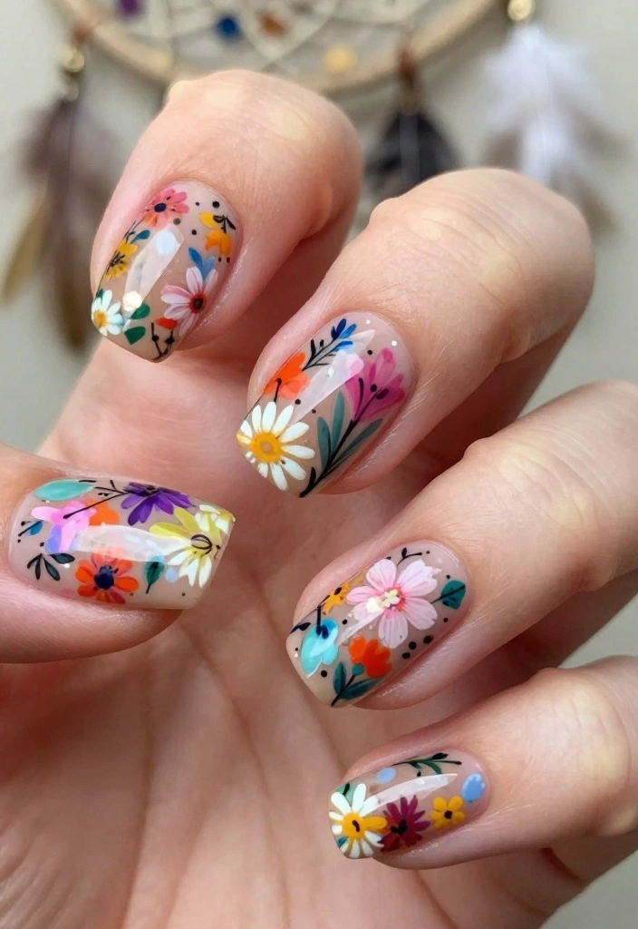 15 Stunning Floral Nail Designs to Elevate Your Summer Style - 7. Bohemian Floral Dream 1
