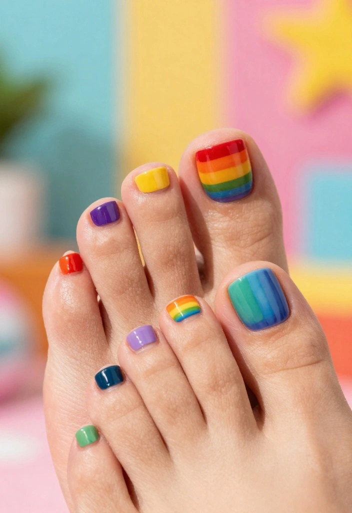 15 Stunning Pedicure Nail Art Designs You Need to Try This Summer! - 12. Rainbow Brights 1