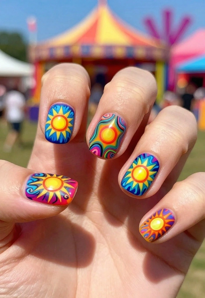 15 Stunning Sun Nails That'll Brighten Your Summer (You Won't Believe #8!) - 13. Psychedelic Sun Patterns 1