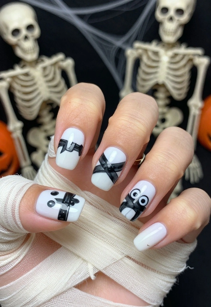 15 Stunning Zombie Nail Inspirations That'll Make Your Halloween Unforgettable (You Have to Try #4!) - 11. Mummy Wraps 1