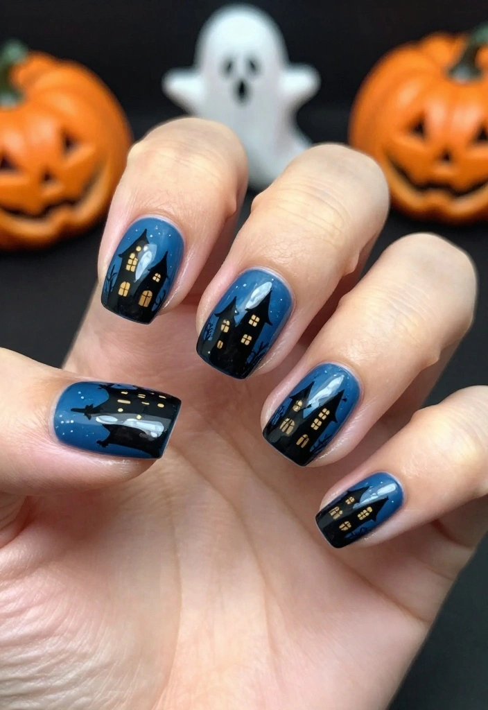 15 Stunning Zombie Nail Inspirations That'll Make Your Halloween Unforgettable (You Have to Try #4!) - 7. Haunted House 1