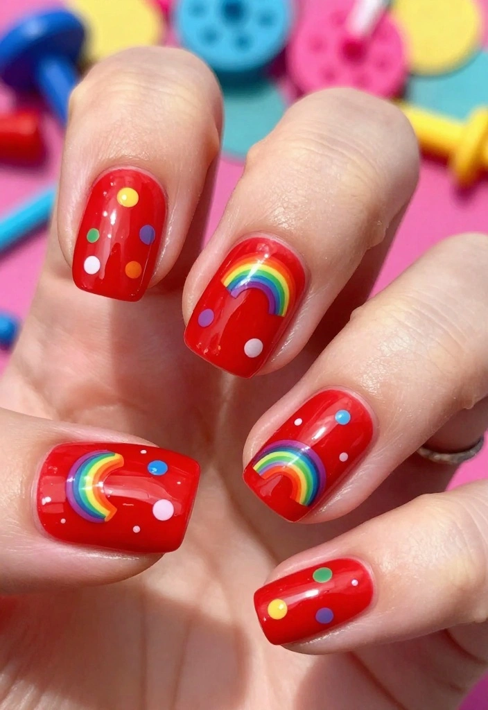 15 Styles for Perfect Red Polka Dot Nails (You Won't Believe #3!) - 15. Rainbow Red Polka Dots 1