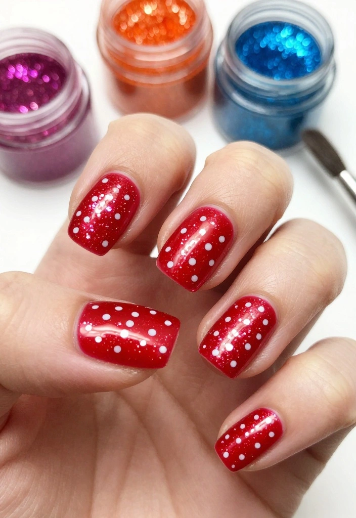 15 Styles for Perfect Red Polka Dot Nails (You Won't Believe #3!) - 4. Glittery Red Polka Dots 1