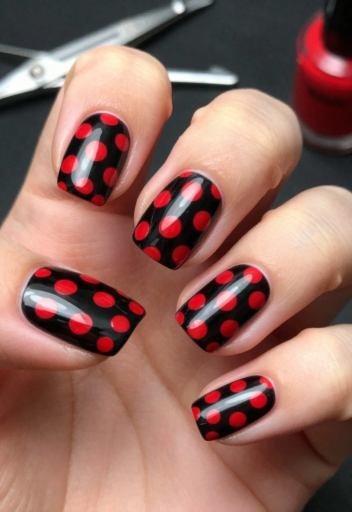 15 Styles for Perfect Red Polka Dot Nails (You Won't Believe #3!) - 8. Red and Black Polka Dot Mix 1