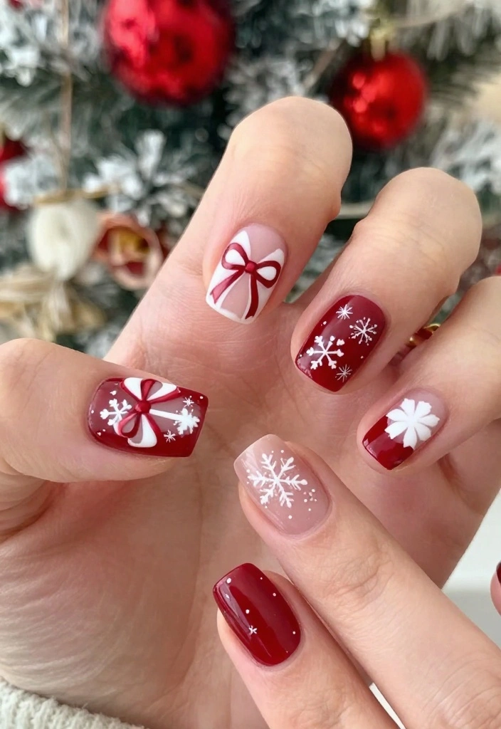 15 Trendy Red Bow Nails That Are Perfect for Any Occasion! - 11. Seasonal Red Bow Nails 1