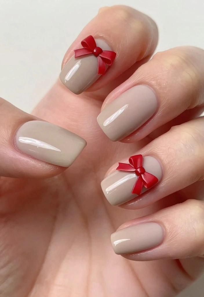 15 Trendy Red Bow Nails That Are Perfect for Any Occasion! - 13. Neutral Tones with Red Bows 1