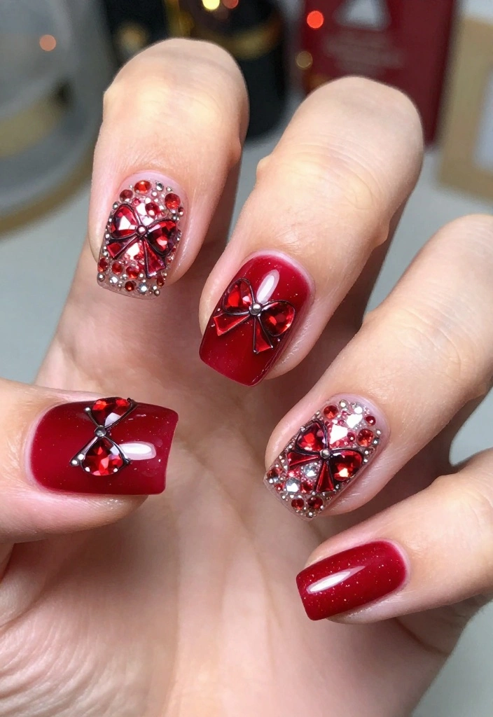 15 Trendy Red Bow Nails That Are Perfect for Any Occasion! - 7. Party-Ready Red Bow Nails 1