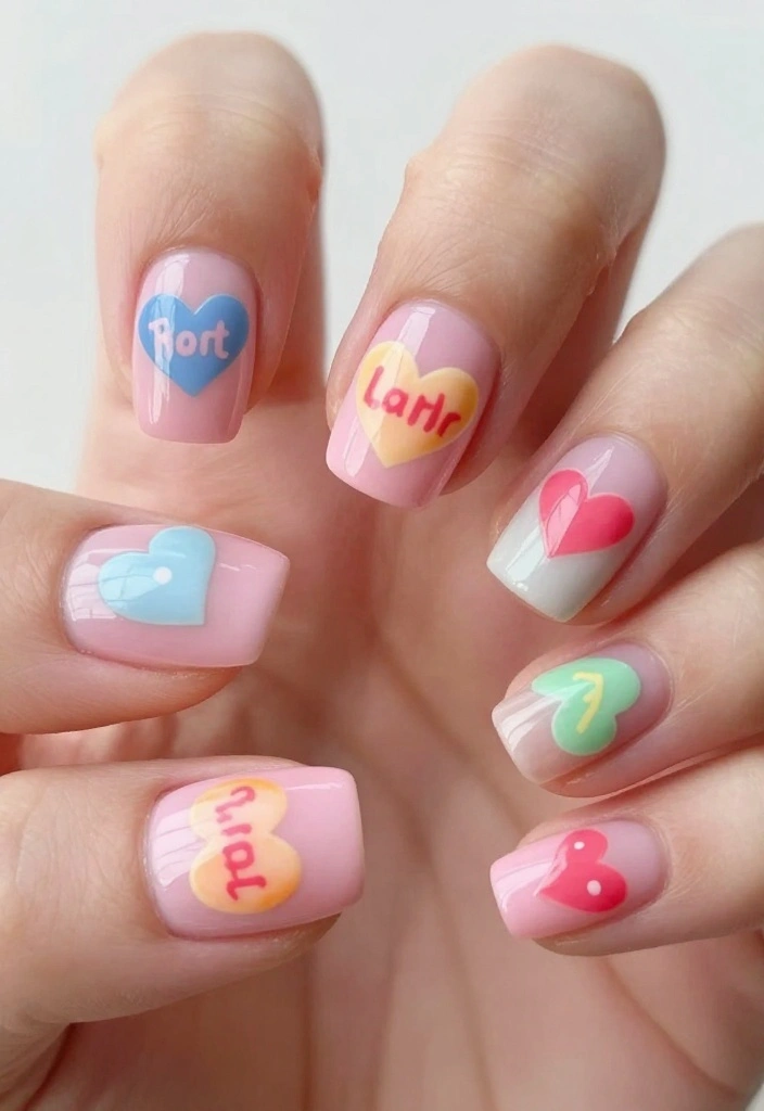 15 Trendy Valentine's Day Nail Designs That Will Make You Fall in Love (Wait Until You See #3!) - 12. Candy Hearts 1