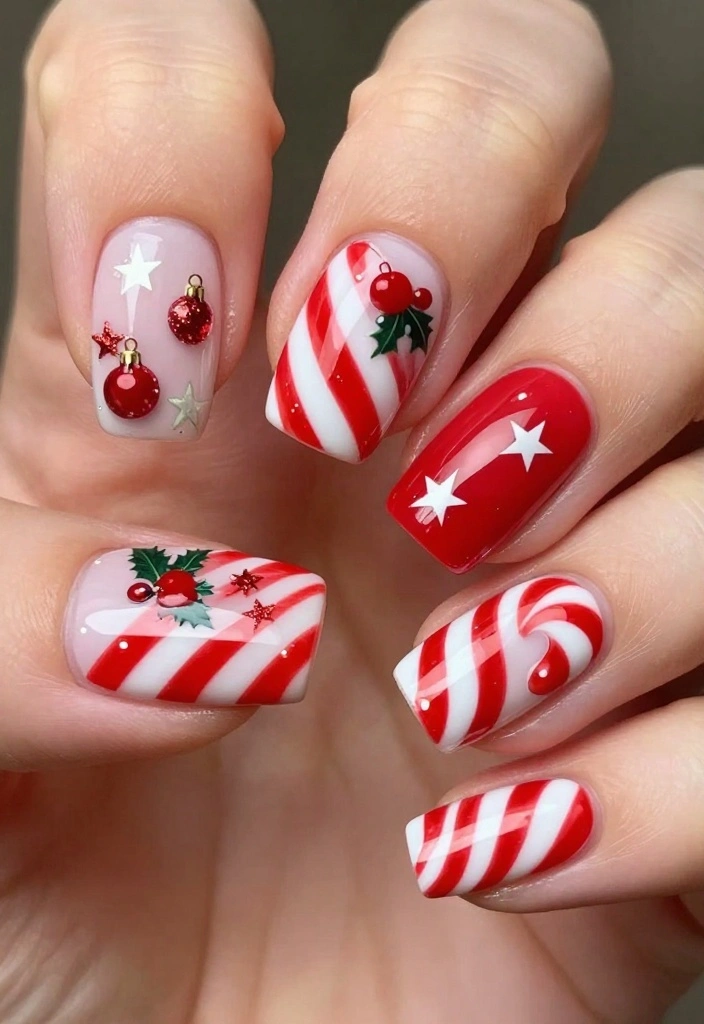 16 DIY Christmas Nail Ideas That Are So Fun, You'll Want to Host a Nail Party! - 1. Candy Cane Delight 1