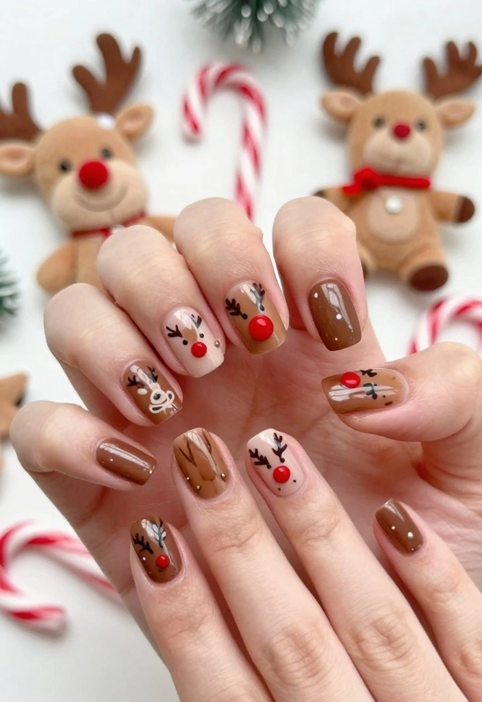 16 DIY Christmas Nail Ideas That Are So Fun, You'll Want to Host a Nail Party! - 5. Rudolph the Red-Nosed Reindeer 1